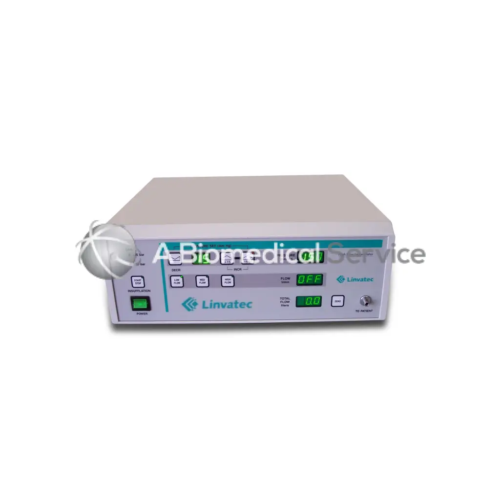 Light gray rectangular linvatec laparoflator 16L medical device with teal and white control panel and digital displays