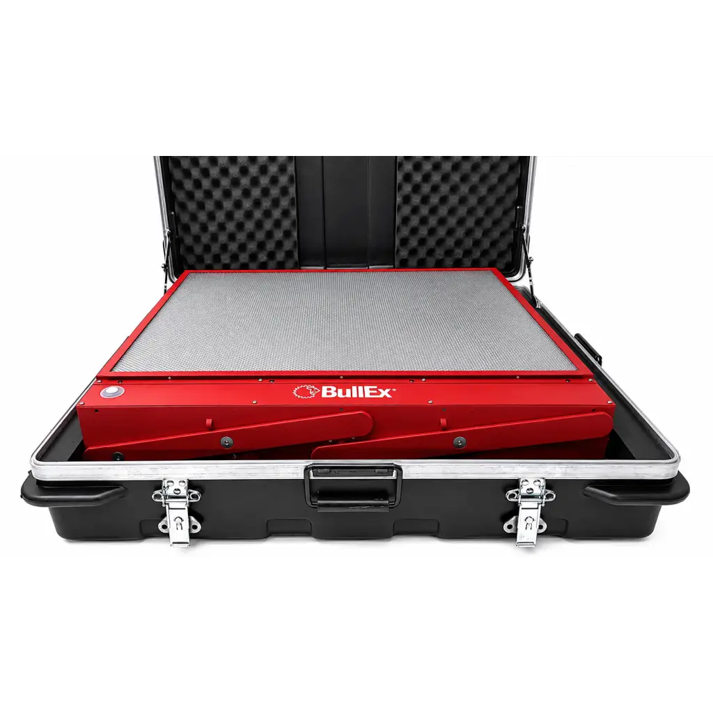 Black protective case with foam lining houses biomed certified lion bullex bullsEye bep 200 digital fire extinguisher training panel
