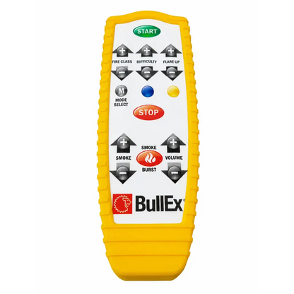 Yellow plastic remote control with black and colored buttons for bullex biomed certified laser training system