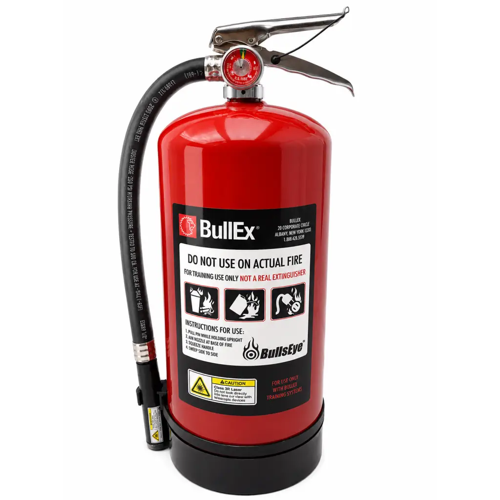Red bullex laser training fire extinguisher with black hose and silver nozzle biomed certified training device