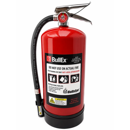 Red bullex laser training fire extinguisher with black hose and silver nozzle biomed certified training device