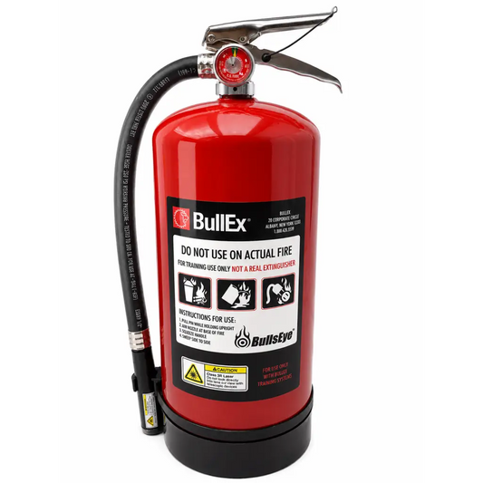 Red bullex laser training fire extinguisher with black hose and silver nozzle training device