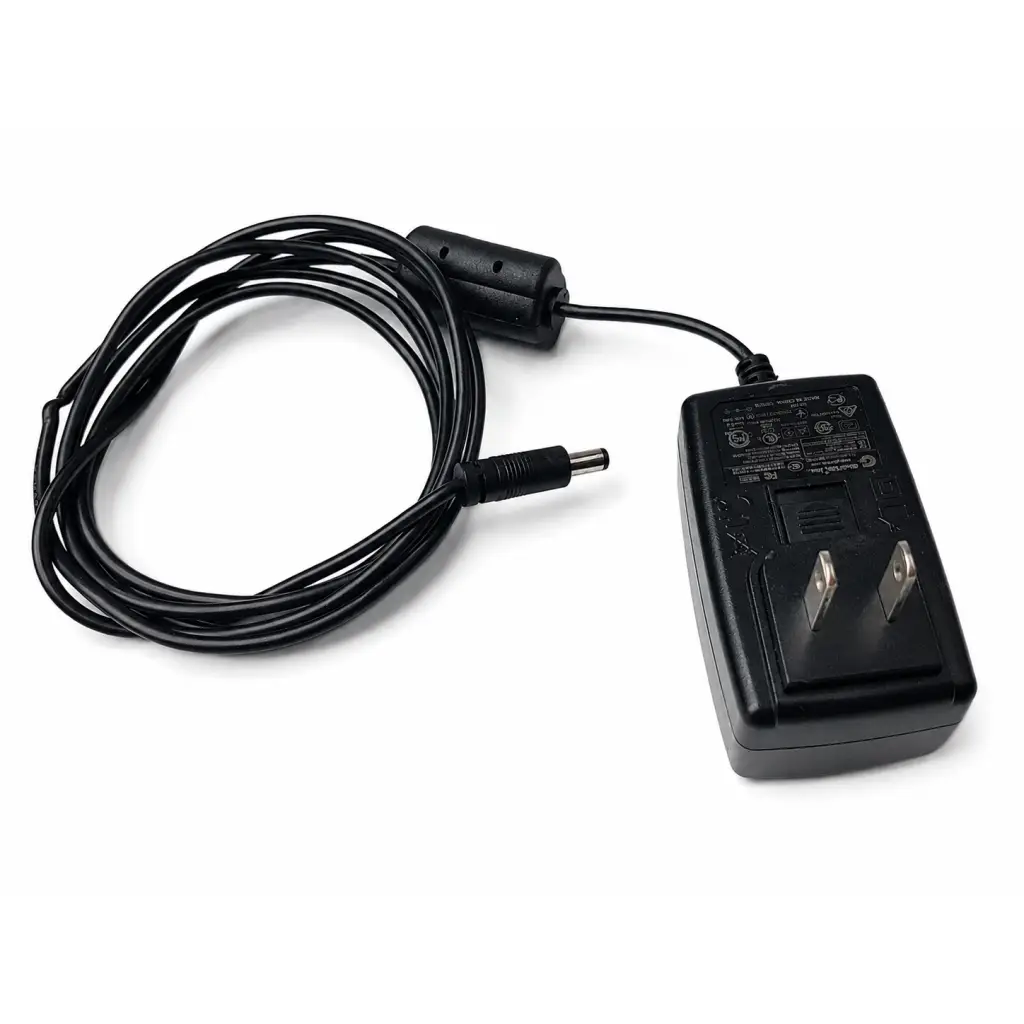 Black plastic ac adapter with coiled power cord and barrel connector for biomed certified bullex laser training charger