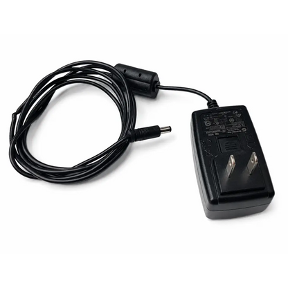 Black plastic ac adapter with coiled power cord and barrel connector for biomed certified bullex laser training charger