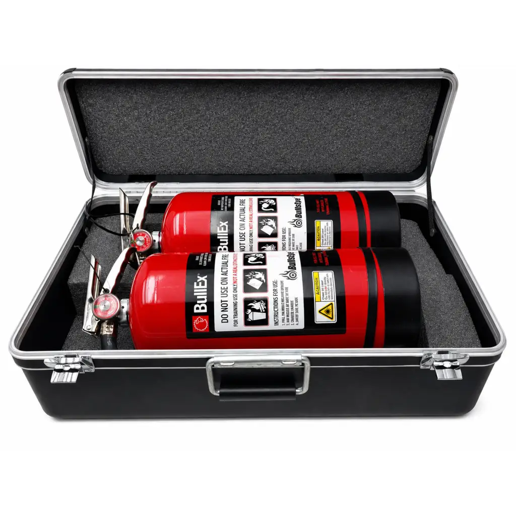 Two red bullex laser training fire extinguishers with black accents in a foam-lined case biomed certified pair