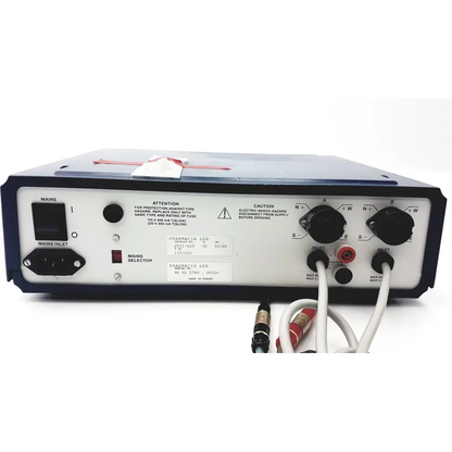 Black and white lkb bromma 2015 pulsaphor plus control unit with multiple ports knobs and warning labels backside view