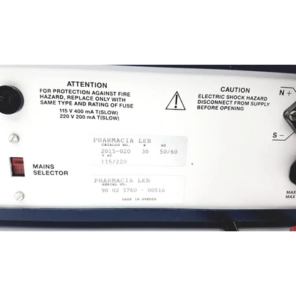 White control panel of lkb bromma 2015 pulsaphor plus control unit with red mains switch made in sweden