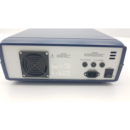 Blue and white lkb bromma 2301 macrodrive 1 power supply ad5-11 with ventilation grille and multiple input output ports back side