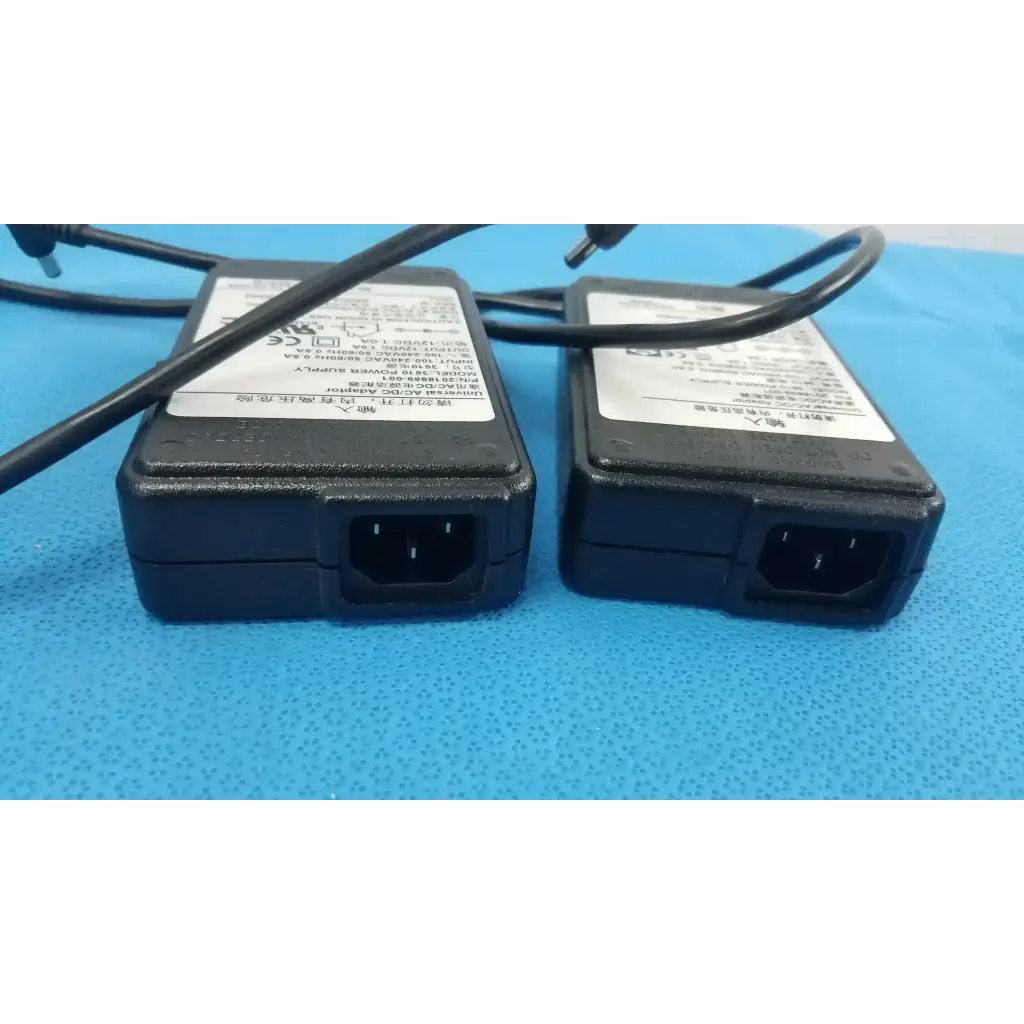 Lot of 2 black elpac electronics 3610 universal adapter power supply with coiled cords and white label stickers