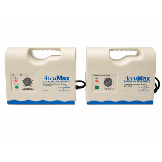 Two beige and blue accumax quantum convertible pressure redistribution system control units with handles and dials