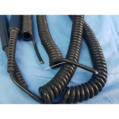 Lot of 2 black coiled cable cord assemblies with reinforced connector housing for otoscope handle and wall transformer use