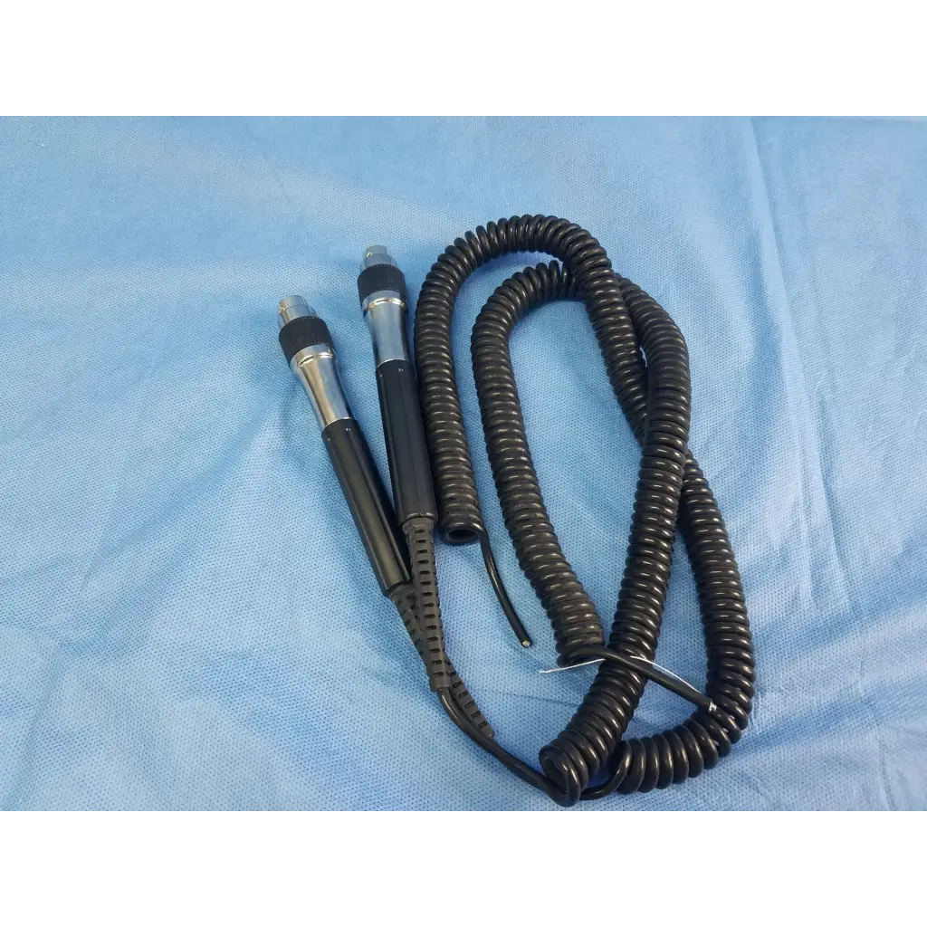 Lot of 2 black coiled cable otoscope handles with silver metallic grips for wall transformer assemblies