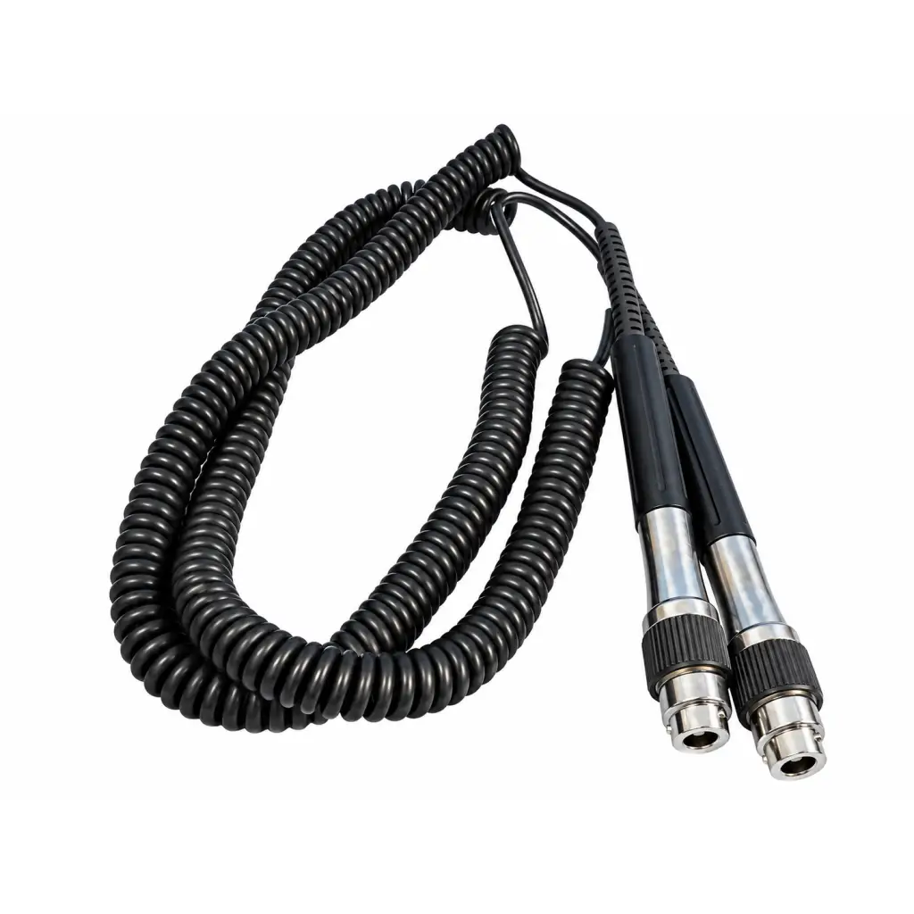 Lot of 2 black coiled cable cord assemblies with metallic connectors for otoscope handle and wall transformer use