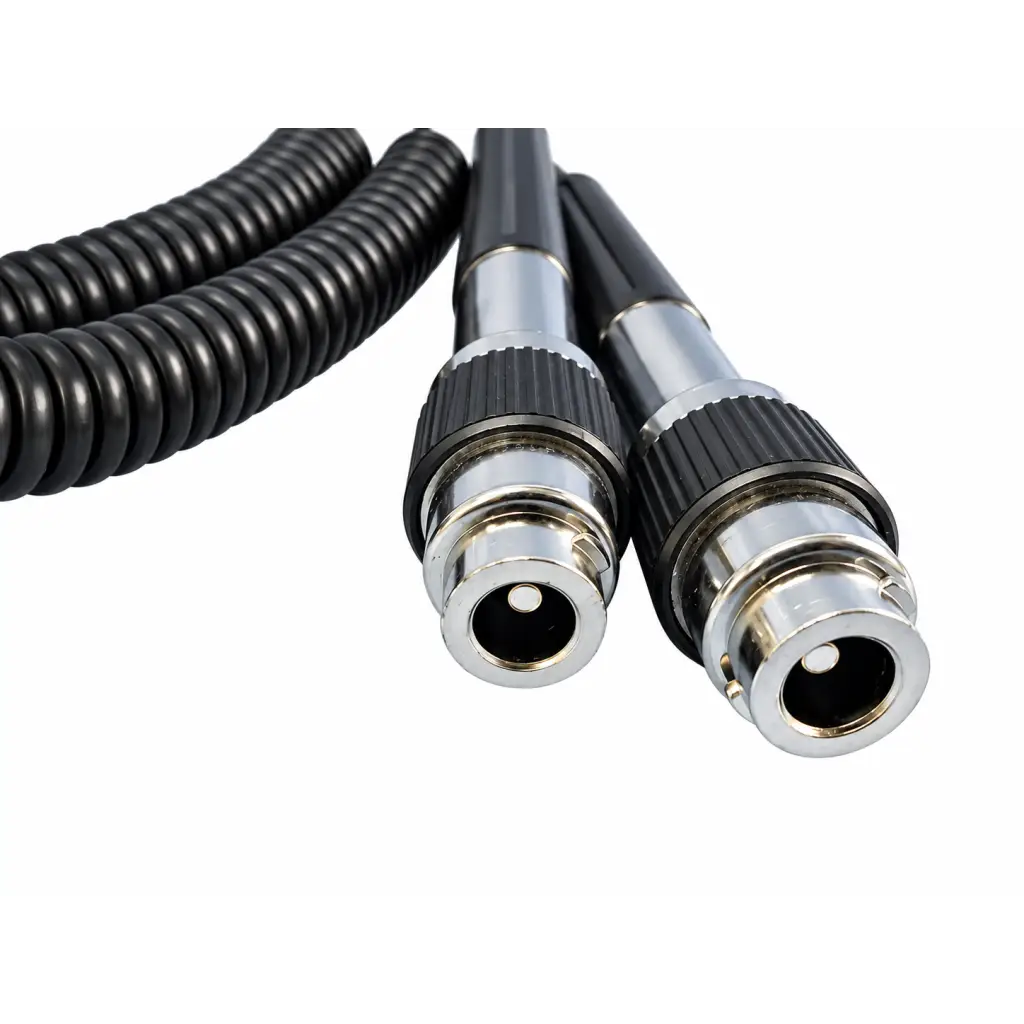 Lot of 2 black corrugated coiled cable cord assemblies with silver connectors for otoscope handle and wall transformer