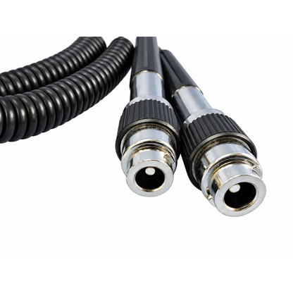 Lot of 2 black corrugated coiled cable cord assemblies with silver connectors for otoscope handle and wall transformer