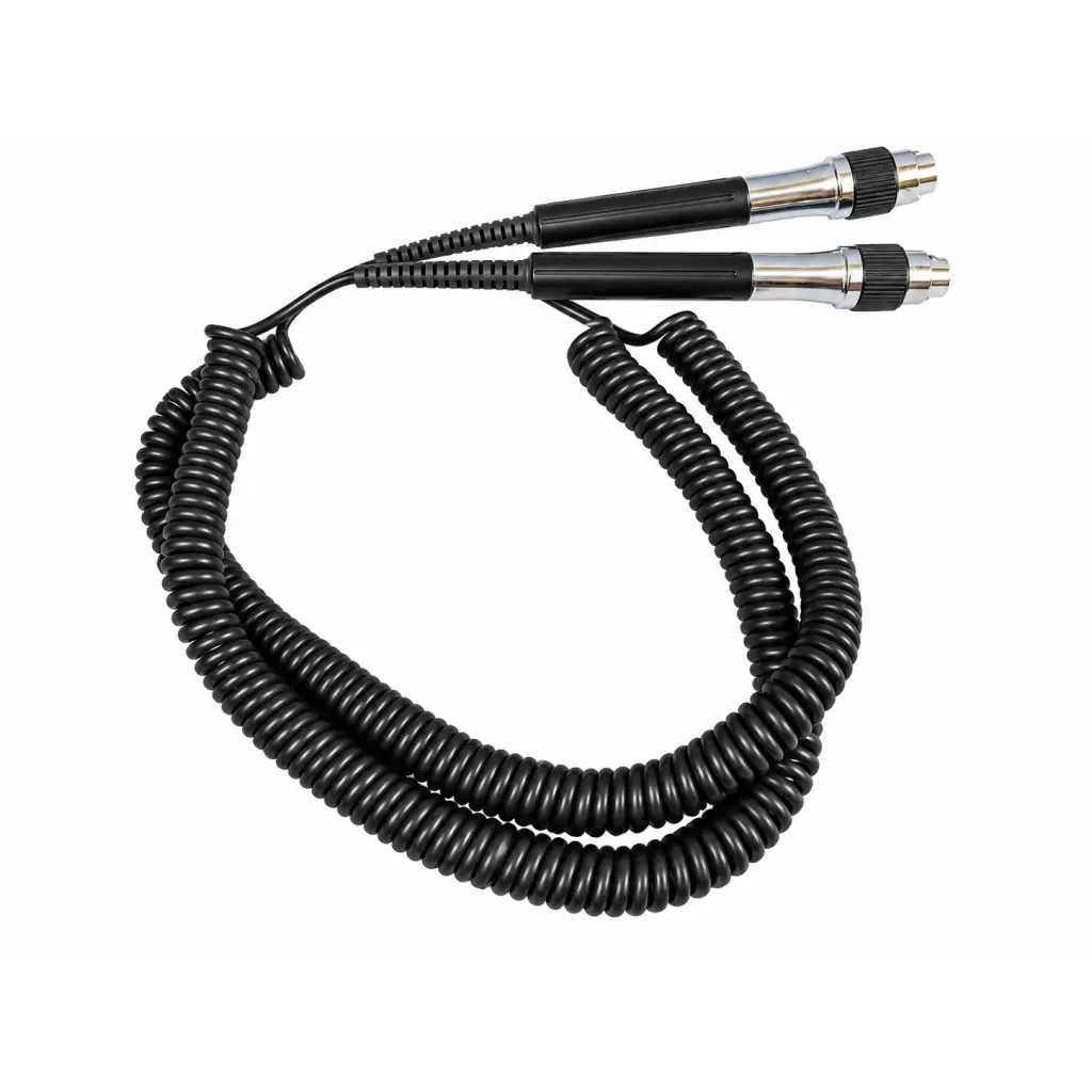Black coiled cable with two metallic connectors for otoscope handle cord assemblies compatible with wall transformer