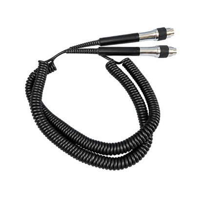 Black coiled cable with two metallic connectors for otoscope handle cord assemblies compatible with wall transformer