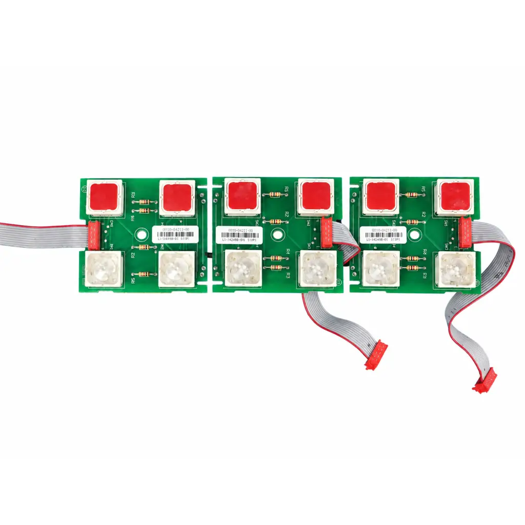 Green circuit board assembly with three sections featuring red buttons for hill-rom total care bariatric bed