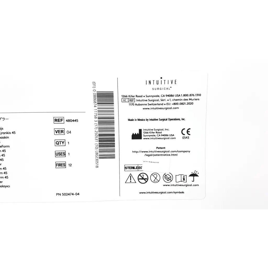 White label with black text and barcode on the back of intuitive da vinci stapler 12mm curved-tip for surgical use