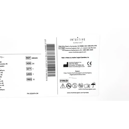 White label with black text and barcode on the back of intuitive da vinci stapler 12mm curved-tip for surgical use