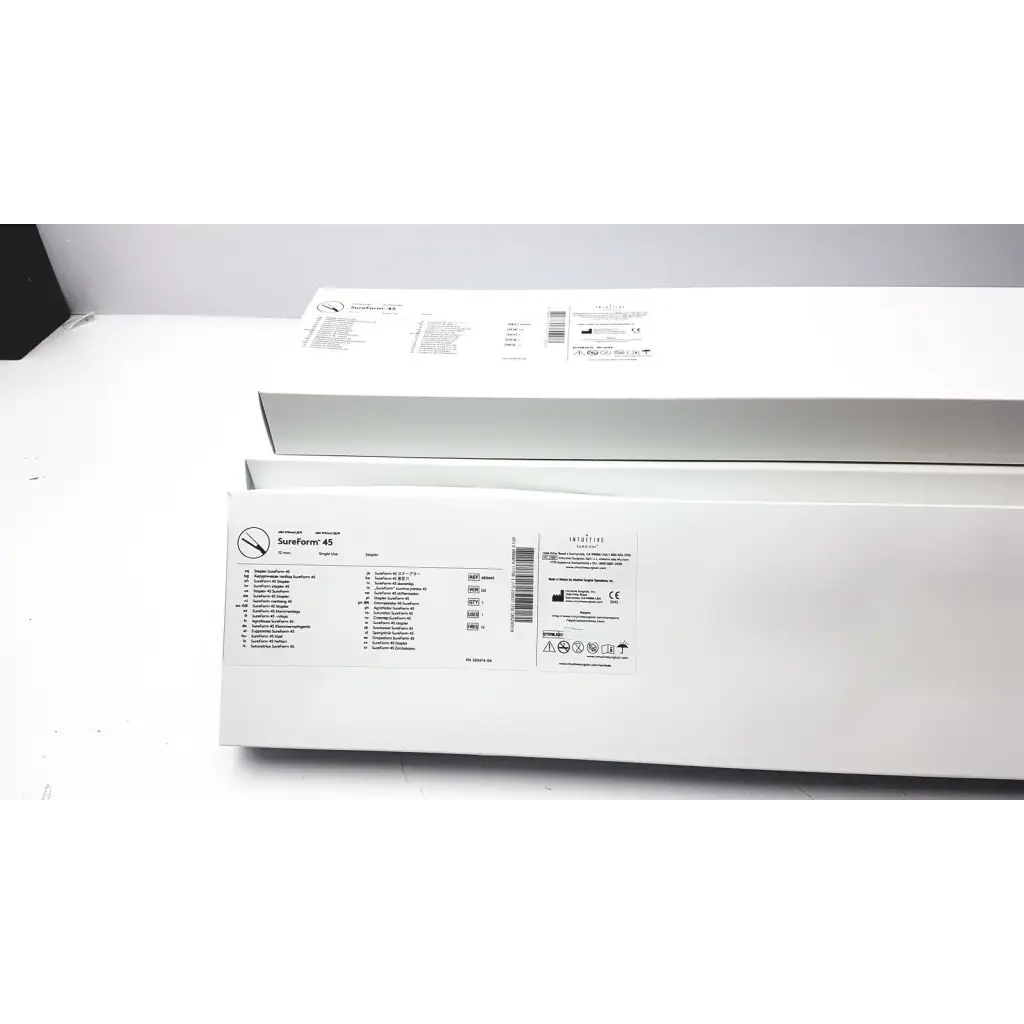 White rectangular box labeled sureform 45 containing intuitive da vinci stapler 12mm curved-tip with barcode visible