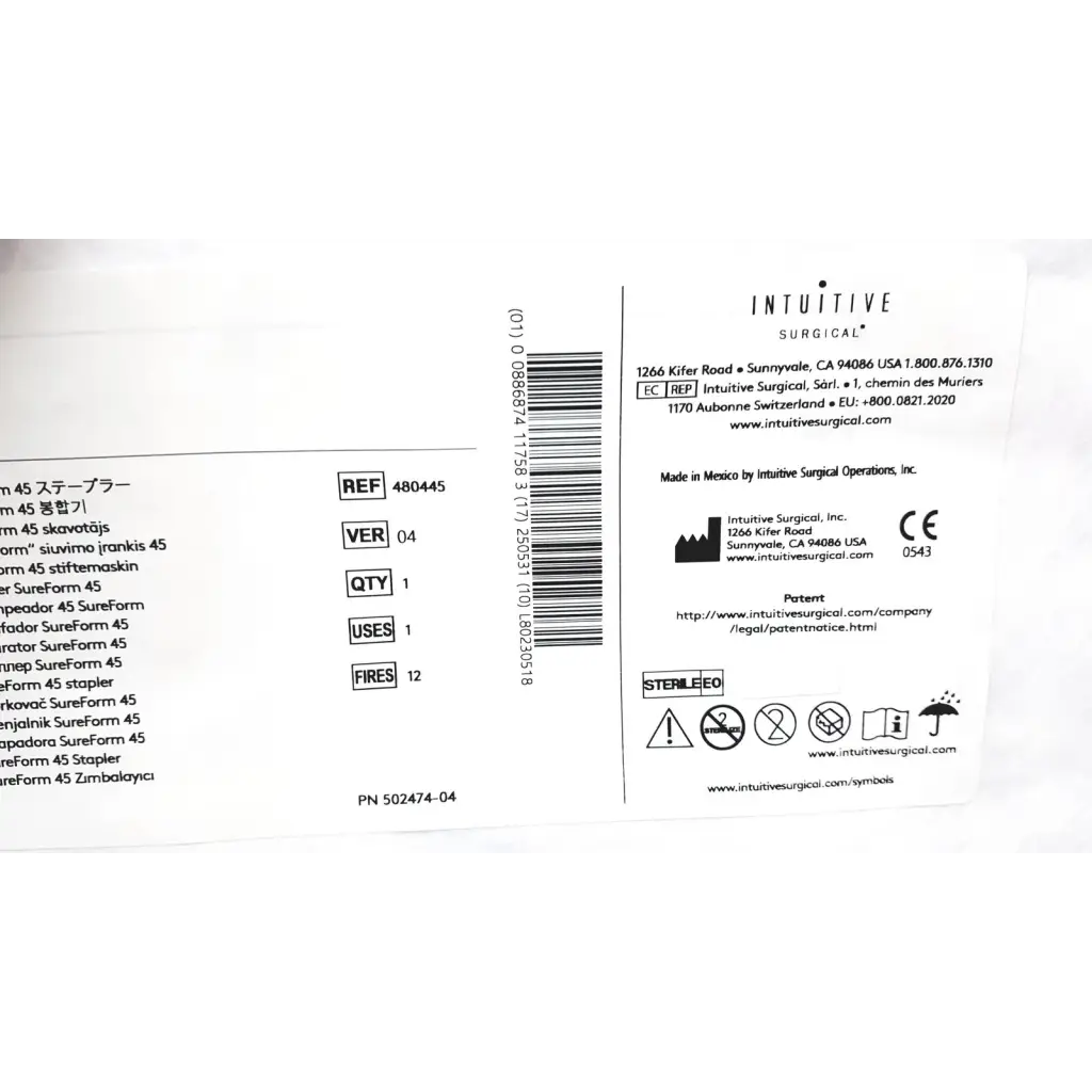 White paper label for intuitive da vinci stapler 12mm curved-tip sureform 45 featuring black text and barcode