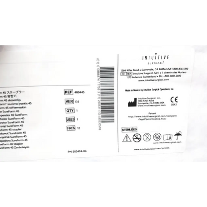 White paper label for intuitive da vinci stapler 12mm curved-tip sureform 45 featuring black text and barcode