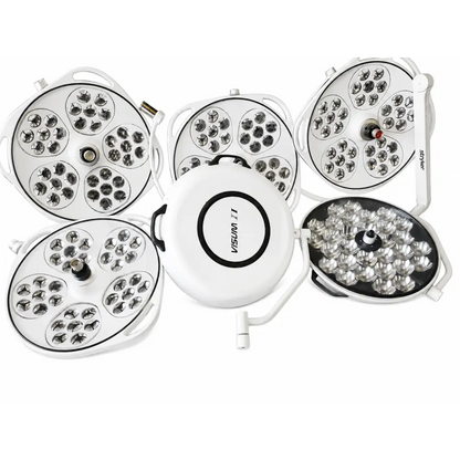 Biomed certified white circular surgical light heads with multiple led bulbs and central control panel for medical use