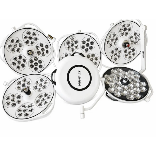 Biomed certified white circular surgical light heads with multiple led bulbs and central control panel for medical use