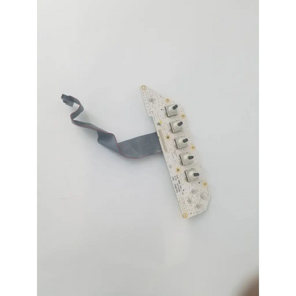 White circuit board of lp5 sub keyboard 5140514 rev 2 with five black toggle switches and gray ribbon cable bbcb3-4 22523sm