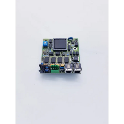 Green circuit board of lp852c ls board with black integrated circuits blue and green connectors and silver ethernet ports