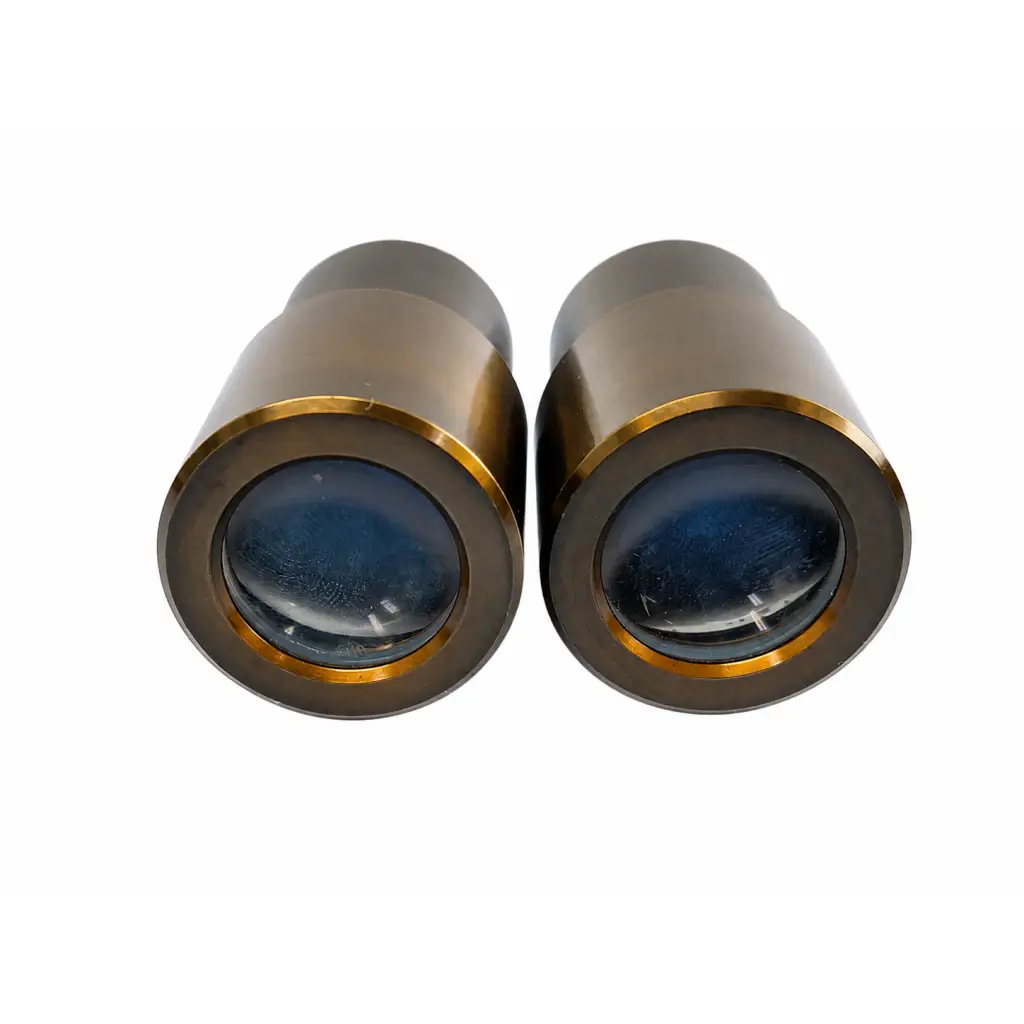 A pair of brass-finished swh10x microscope eyepieces with gold-rimmed lenses for medical equipment use