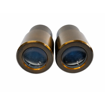 A pair of brass-finished swh10x microscope eyepieces with gold-rimmed lenses for medical equipment use