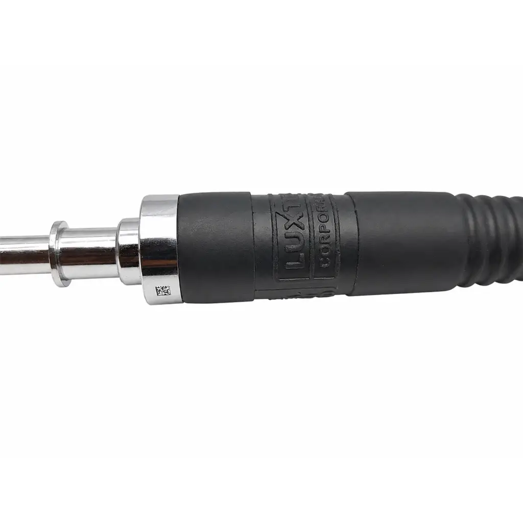 Black rubber-coated surgical light cable handle with silver accents and luxtech corporation branding for biomed use