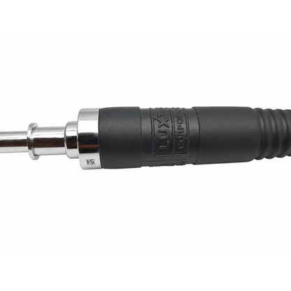 Black rubber-coated surgical light cable handle with silver accents and luxtech corporation branding for biomed use