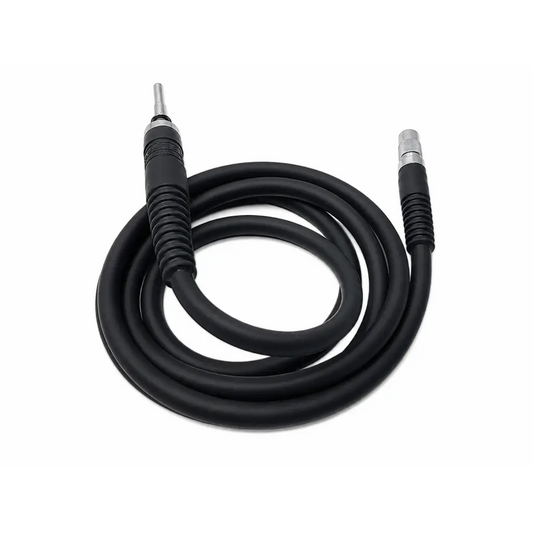 Black coiled luxtec surgical light cable with metallic straight instrument tip for medical use