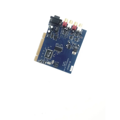 Blue m-audio audiophile 2496 pci internal sound card with gold-plated rca connectors and black pcie connector visible
