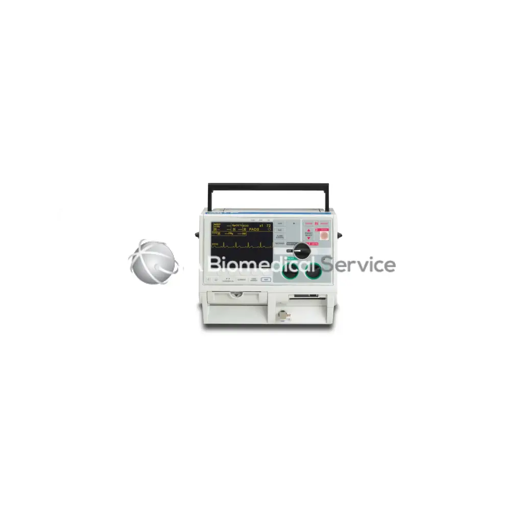 White m series defibrillator with black handle and digital ecg display for biomedical service use