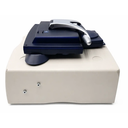 Dark blue biomed certified magstim horizon 4950-00 tms stimulator unit with silver handles on beige base unit