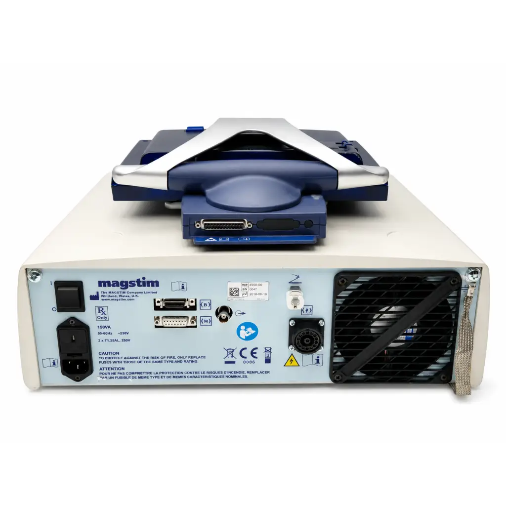 Blue and silver magstim horizon 4950-00 biomed certified tms stimulator unit with circular figure-8 coil on base unit