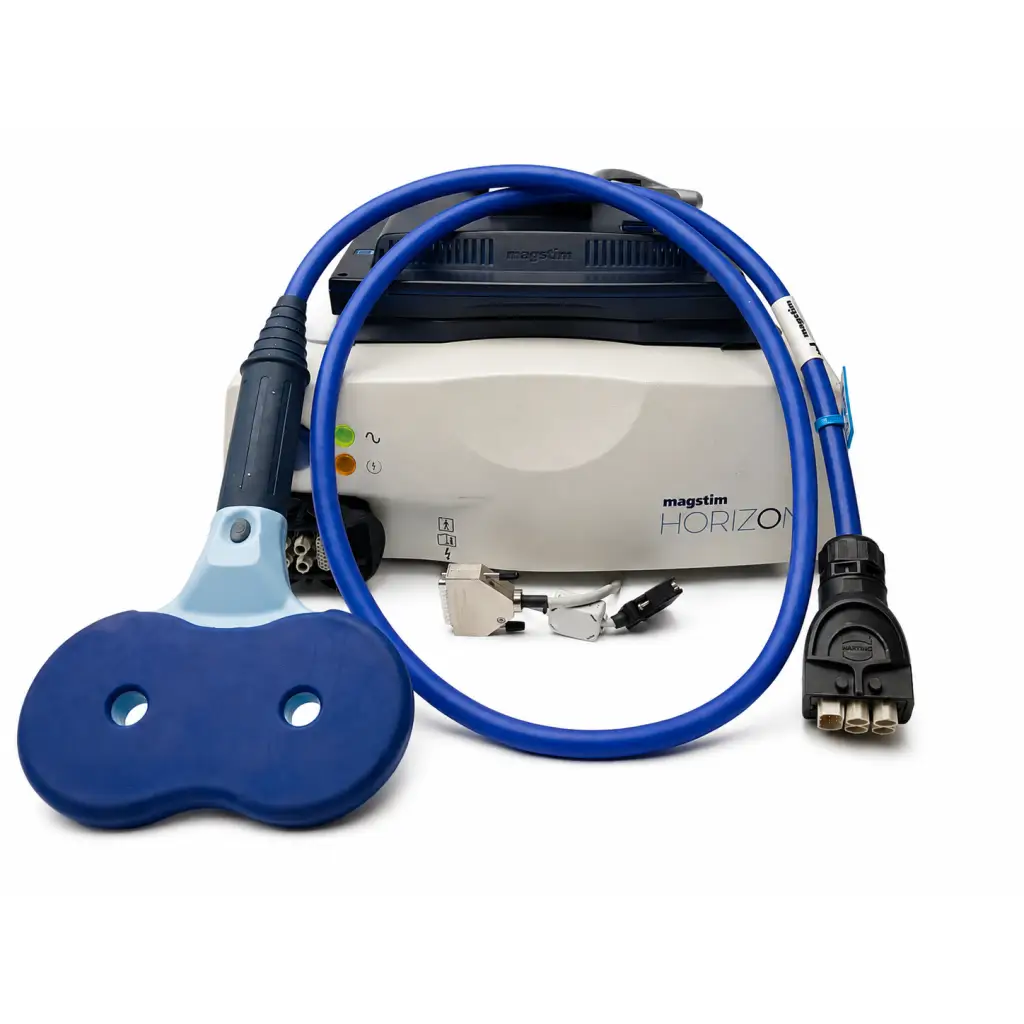 Blue magstim horizon biomed certified tms stimulator unit with matching cable and figure-8 coil handpiece
