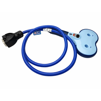 Blue coiled cable with light blue and black handheld control unit featuring buttons and indicator lights for biomed certified tms stimulator unit