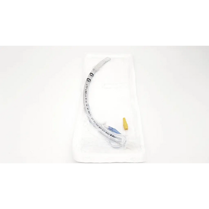 Transparent plastic mallinckrodt tracheal tube cuffed 8.0mm I.D with black measurement markings and yellow cap