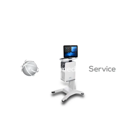 White maquet servo-u biomedical service cart with mounted touchscreen display for medical use