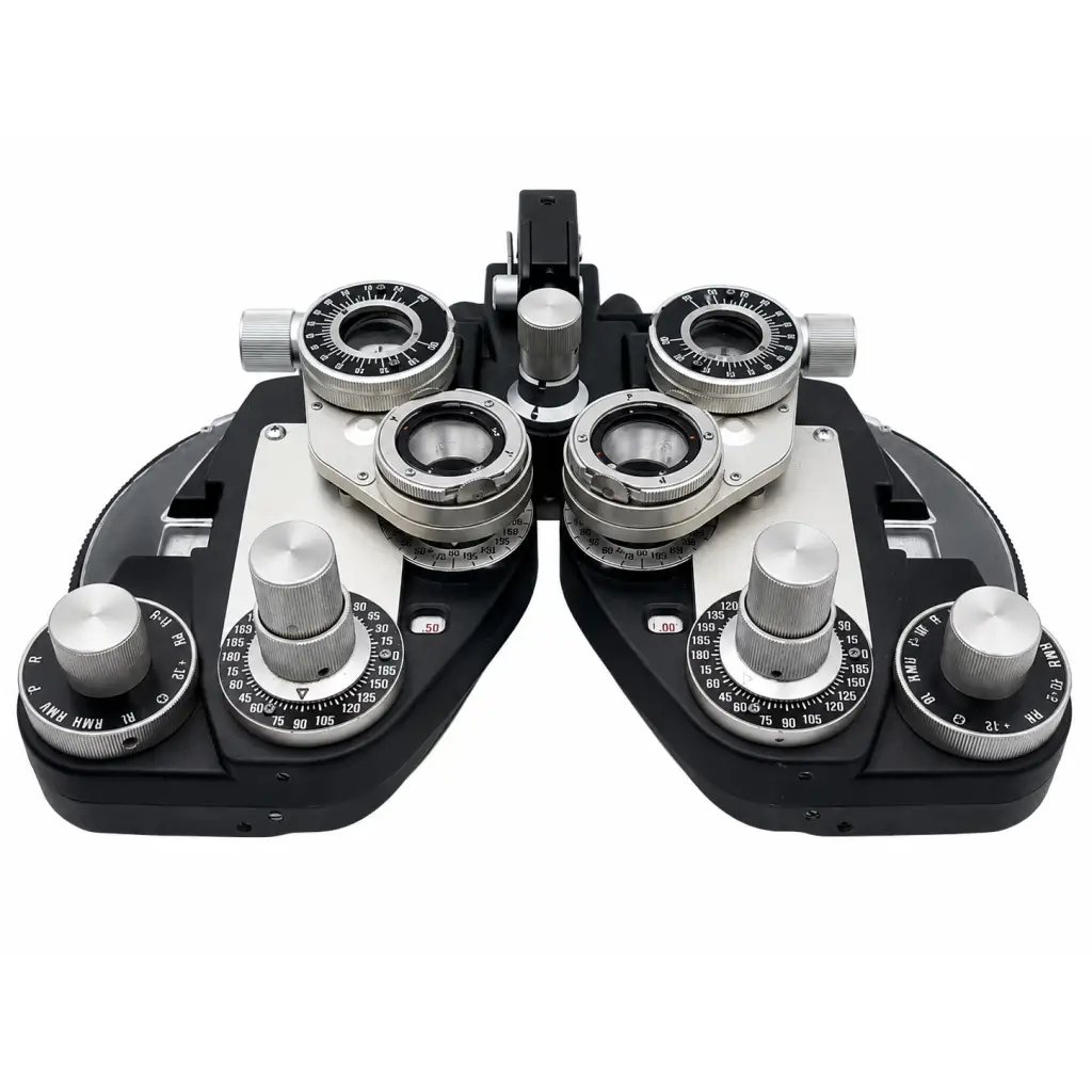 Black and silver marco rt-300 refractor biomed certified phoropter with adjustable lenses and dials for eye examination