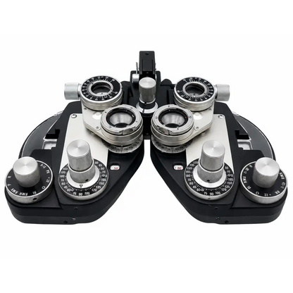 Black and silver marco rt-300 refractor biomed certified phoropter with adjustable lenses and dials for eye examination