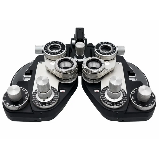 Black and silver marco rt-300 refractor phoropter with adjustable lenses and dials for eye examination