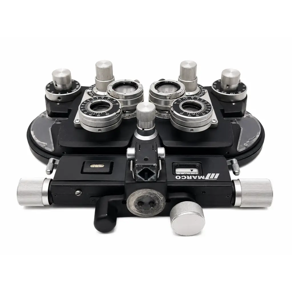 Black and silver Marco RT-300 refractor phoropter with adjustable lenses and knobs biomed certified for eye exams