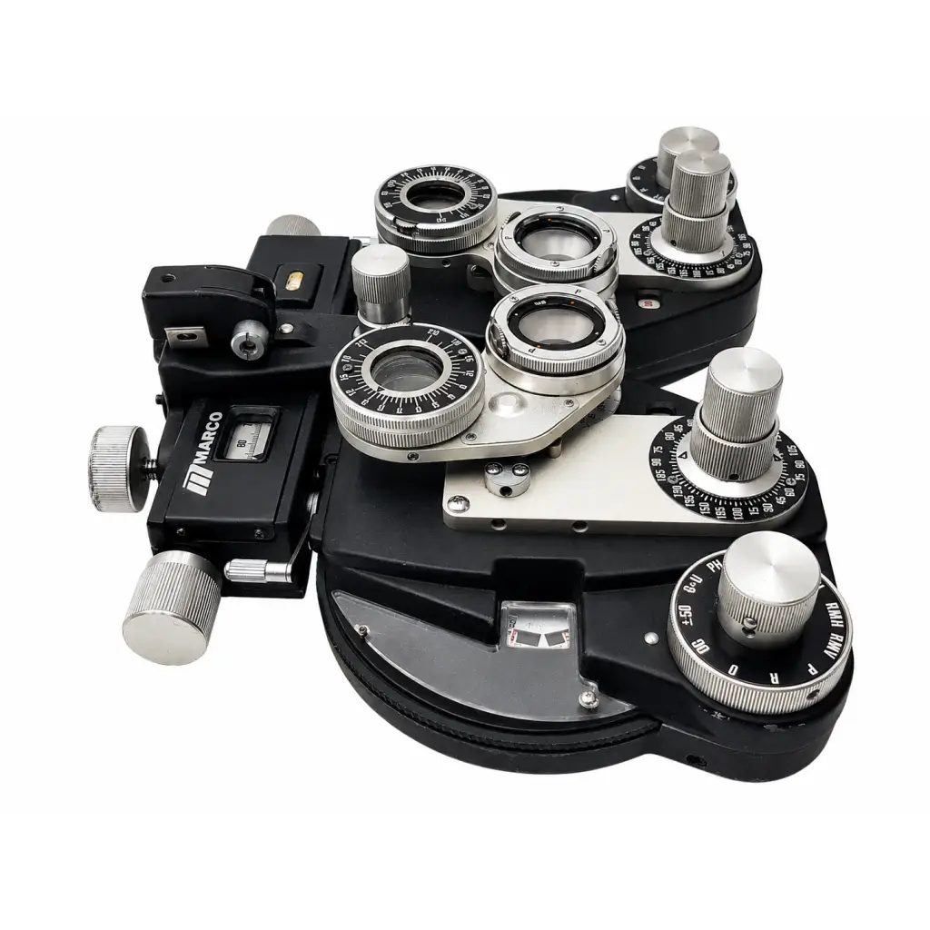 Black and silver marco rt-300 refractor biomed certified phoropter with multiple adjustable lenses and knobs for eye exams