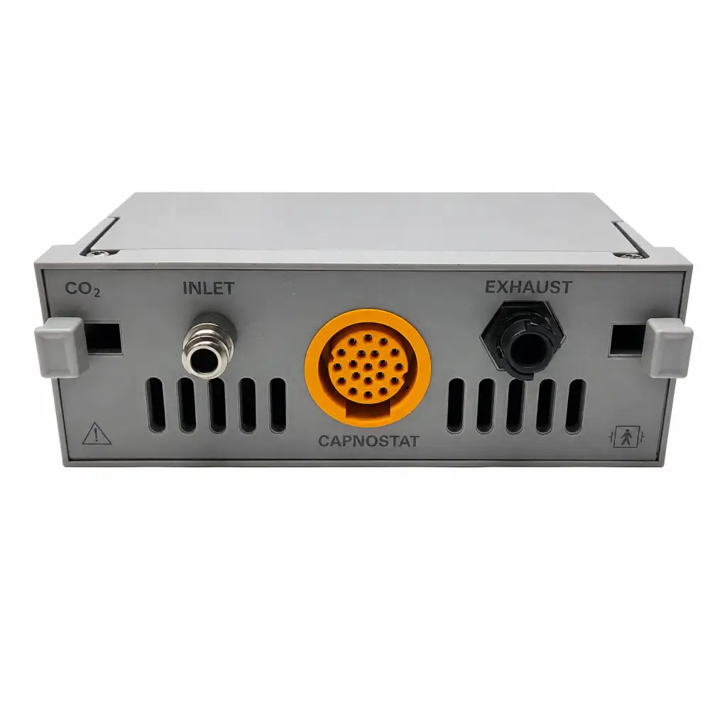 Gray metallic marquette msn ss cap co2 module with central orange capnostat connector unit